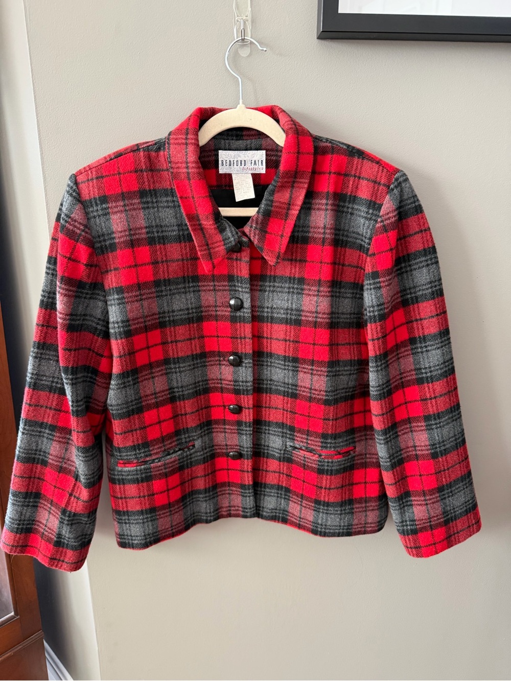 Vintage Bedford Fair Red & Black Plaid Wool-Blend Jacket. Size 14